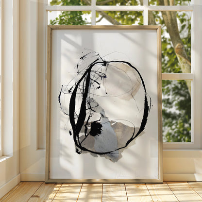 Modern Monochrome Abstract Print, Black White Ink Circle Art, Minimalist Wall Decor Poster