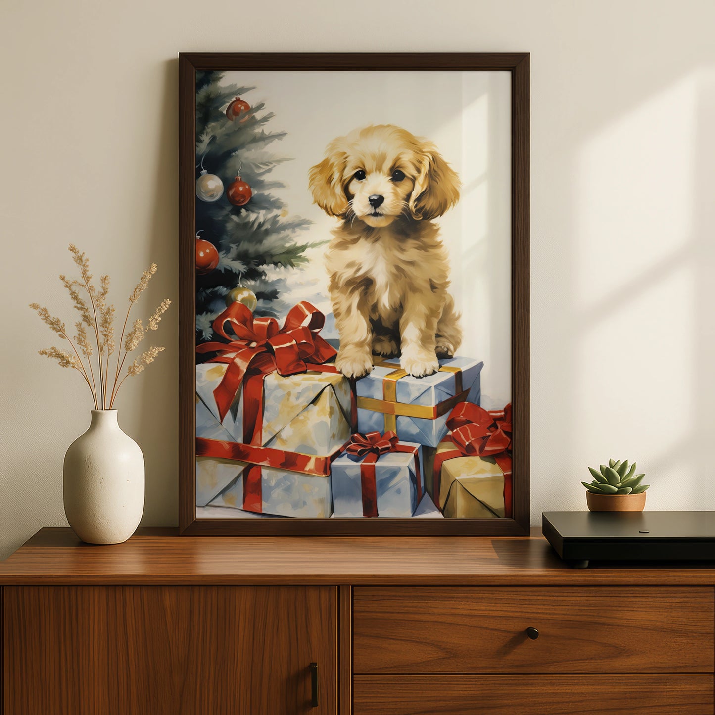 Christmas Puppy Poster, Golden Dog with Gifts Art Print, Festive Xmas Wall Decor