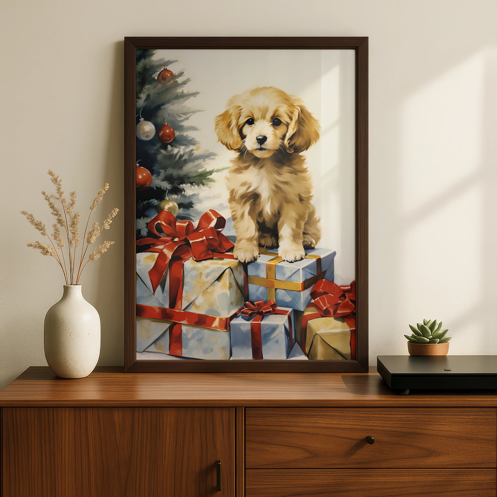 Christmas Puppy Poster, Golden Dog with Gifts Art Print, Festive Xmas Wall Decor