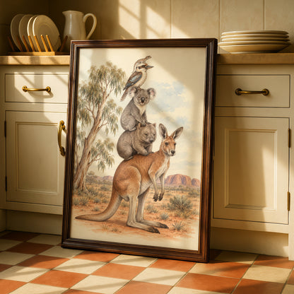 Australian Wildlife Stack Print, Kangaroo Koala Wombat Kookaburra, Outback Wall Art