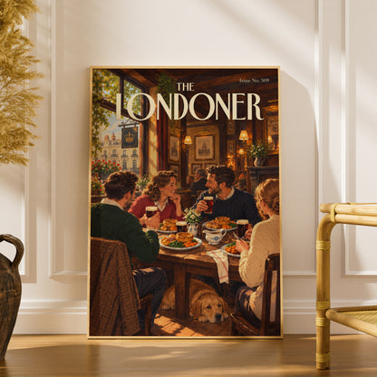 Vintage London Pub Poster, Sunday Roast Wall Art, Retro Magazine Cover Print, Kitchen Dining Room