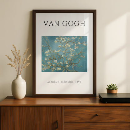 Van Gogh Almond Blossom Wall Art Print | Teal Floral Botanical Poster, Living Room Decor – A5 Black frame