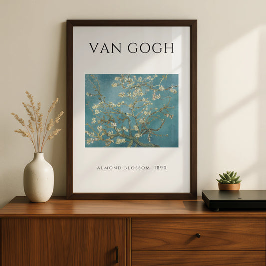Van Gogh Almond Blossom Wall Art Print | Teal Floral Botanical Poster, Living Room Decor – A5 Black frame