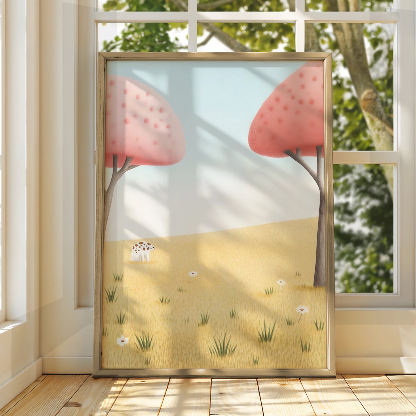 Nursery Wall Art Cute Animal Print, Pink Trees Meadow Poster, Baby Room Decor