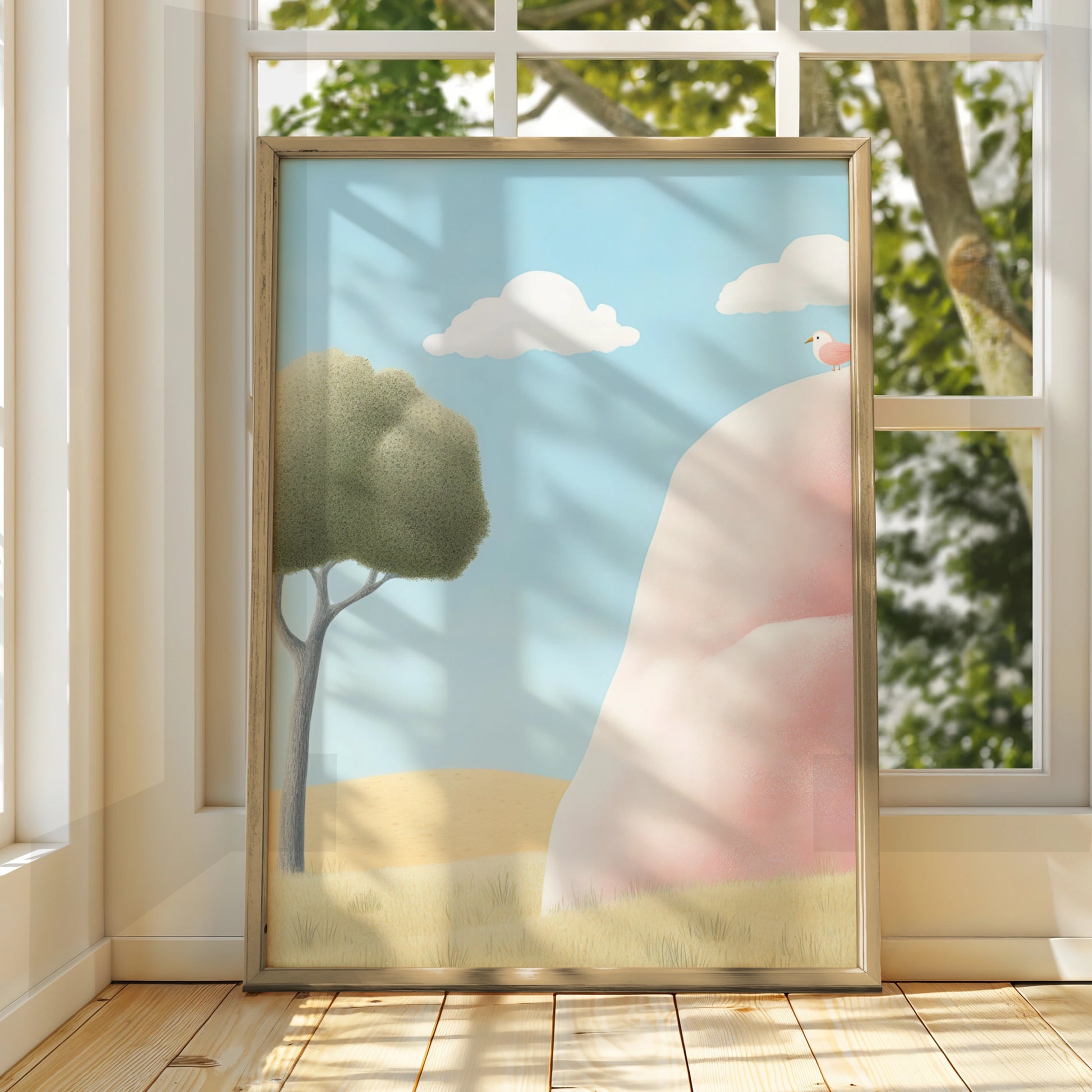Nursery Wall Art Pink Hill Bird Print, Cute Children's Poster, Pastel Sky Nature