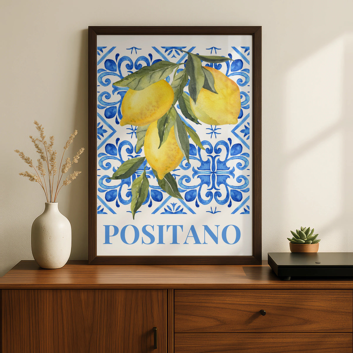 Positano Lemon Maximalist Poster, Italian Amalfi Coast Wall Art, Blue Tile Print
