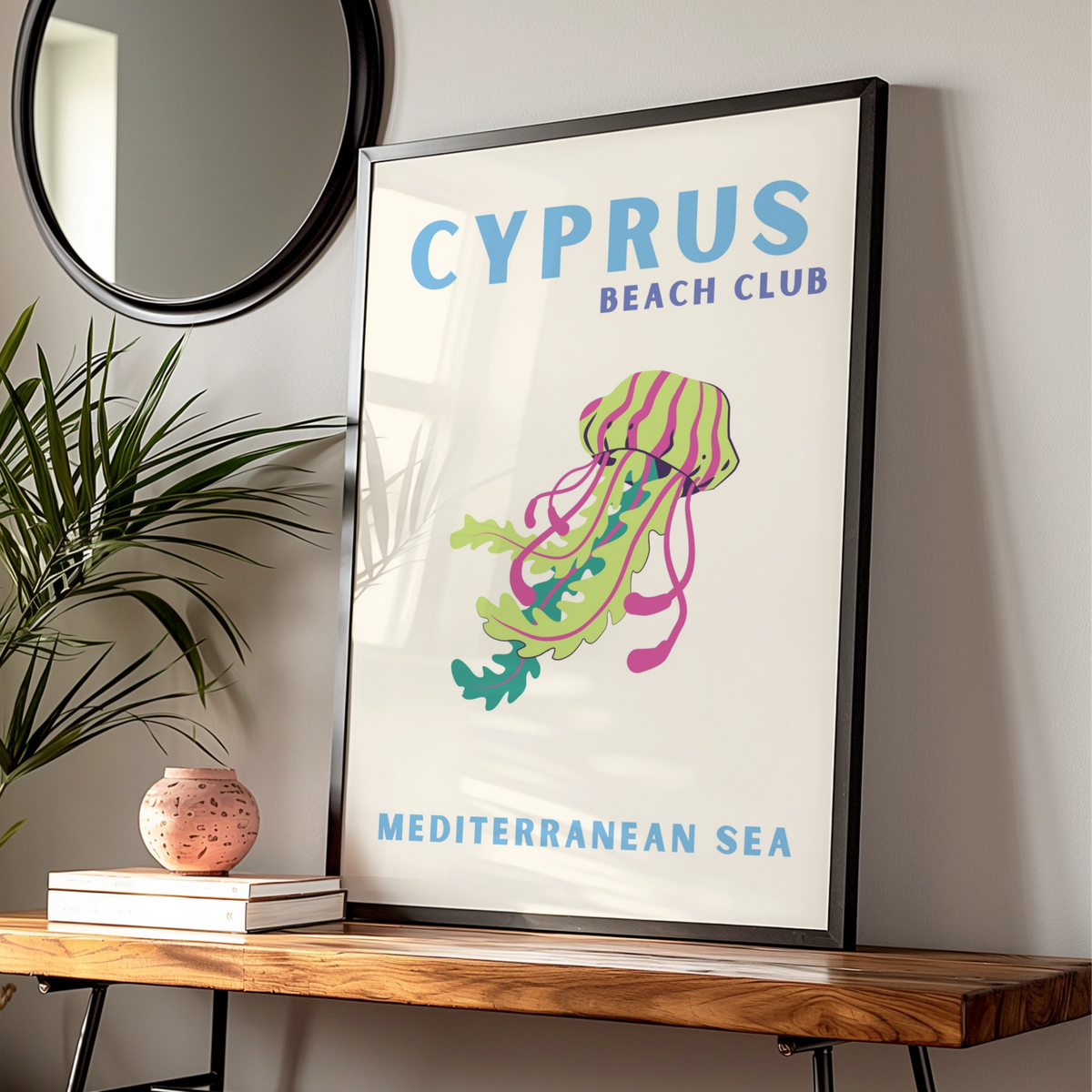 Cyprus Travel Poster, Mediterranean Sea Beach Wall Art, Retro Jellyfish Print