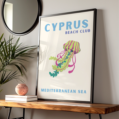 Cyprus Travel Poster, Mediterranean Sea Beach Wall Art, Retro Jellyfish Print