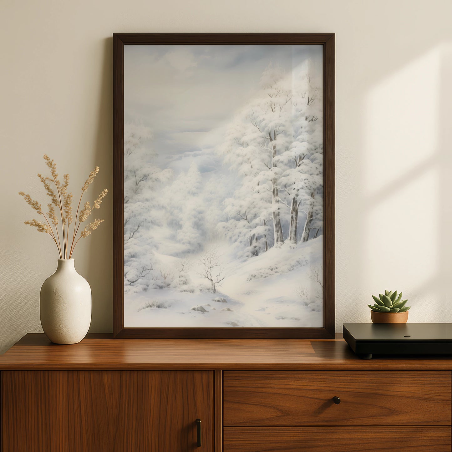 Winter Snow Forest Christmas Poster, Snowy Landscape Wall Art, Serene White Trees Print