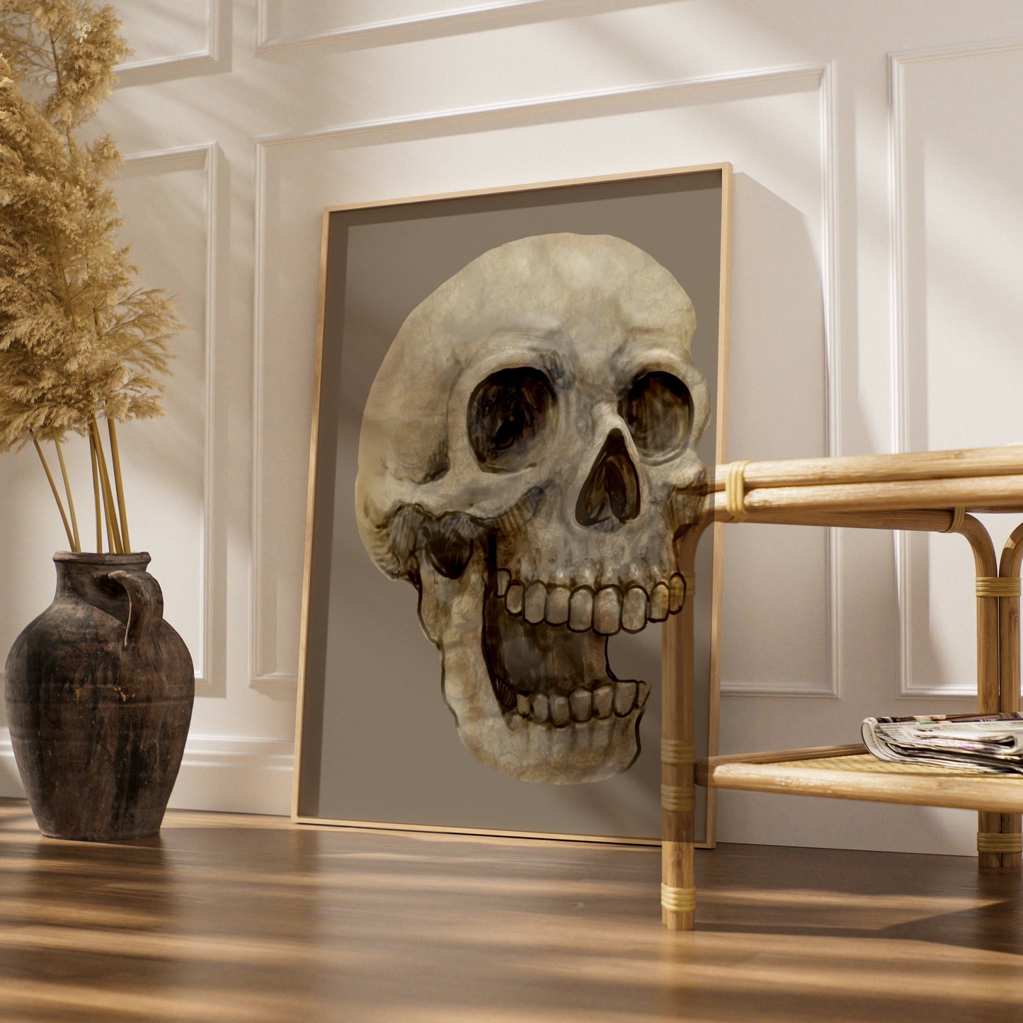 Halloween Skull Wall Art, Spooky Skeleton Poster, Gothic Horror Print, Dark Beige Decor