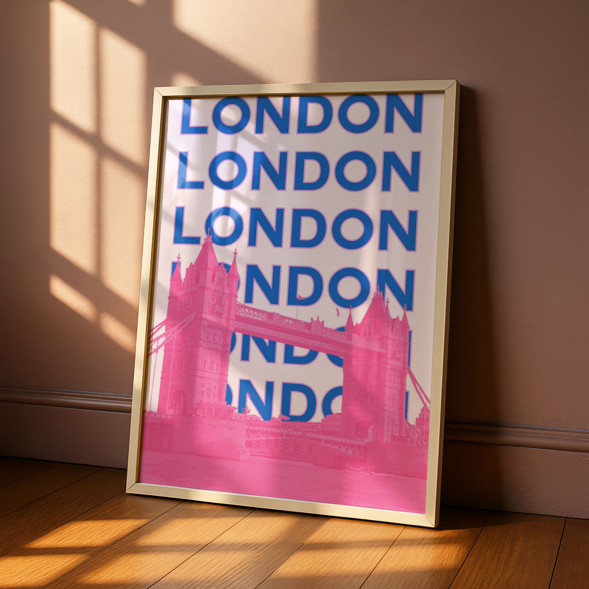 London Travel Poster, Tower Bridge Wall Art, Retro Bold Pink Blue UK Print