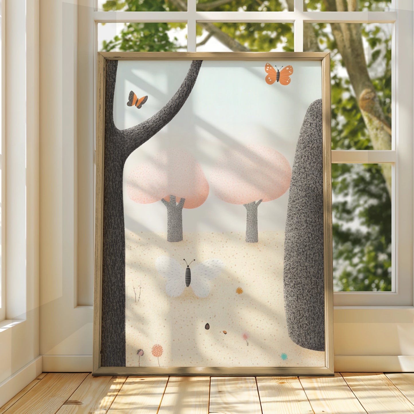 Butterfly Forest Nursery Wall Art, Pastel Nature Print, Baby Girl Room Poster, Woodland Decor