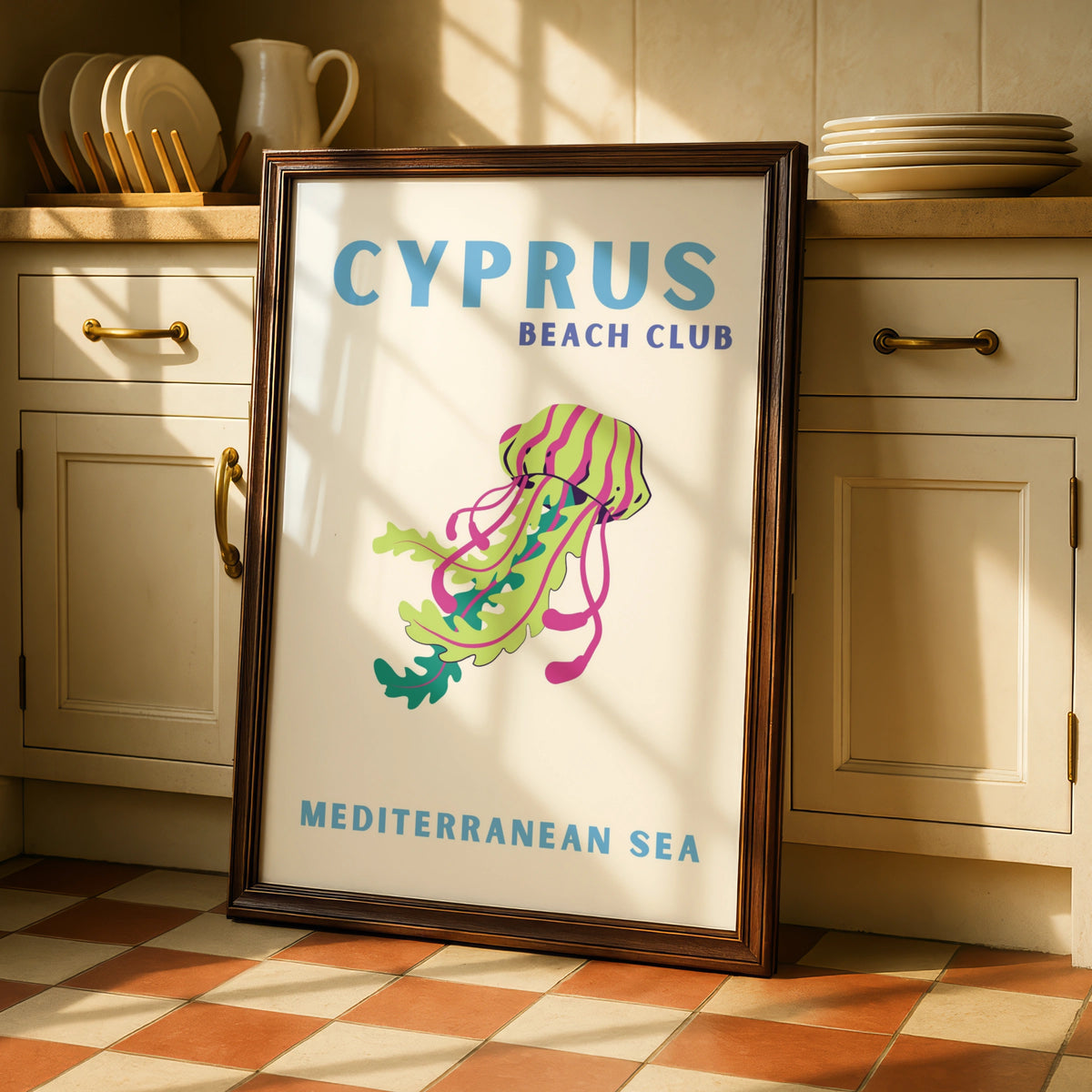 Cyprus Travel Poster, Mediterranean Sea Beach Wall Art, Retro Jellyfish Print