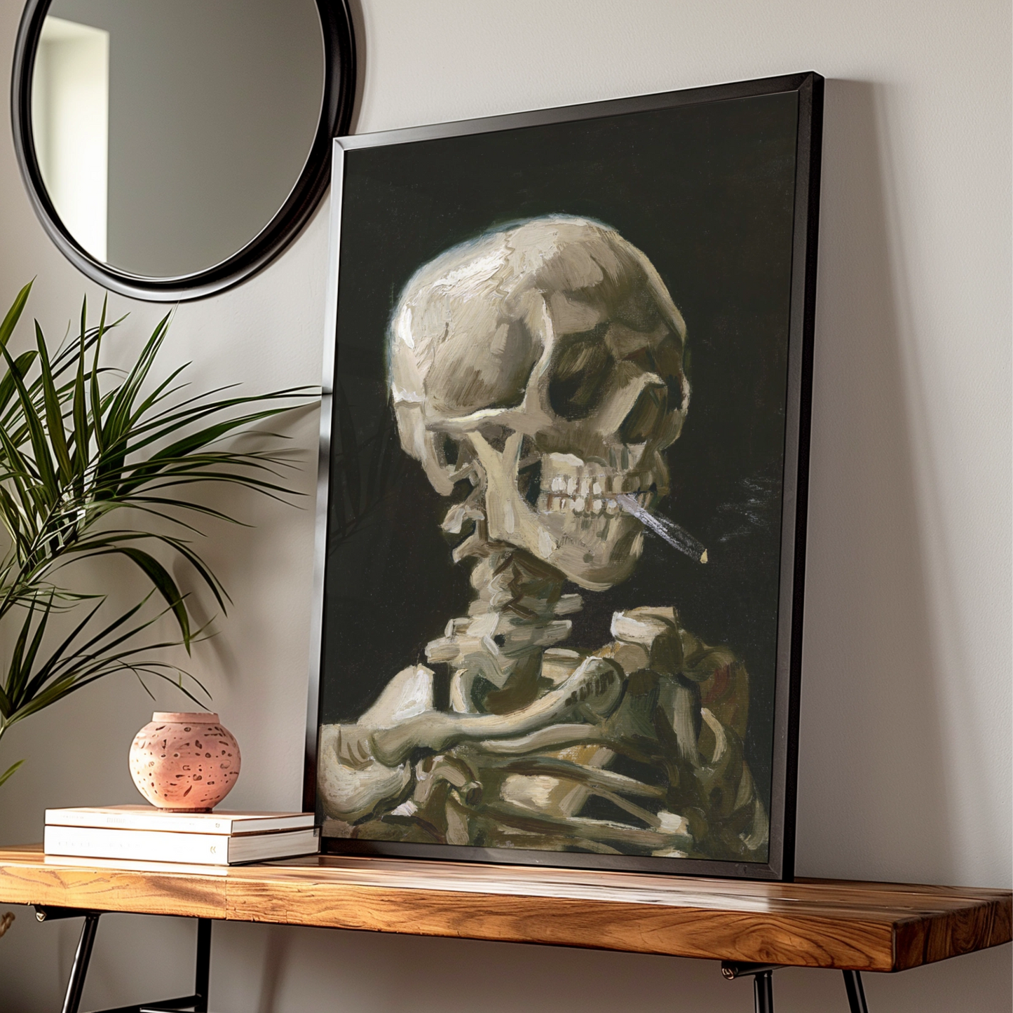 Van Gogh Skull Smoking Cigarette Halloween Art Print, Gothic Skeleton Poster