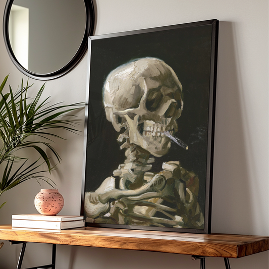 Van Gogh Skull Smoking Cigarette Halloween Art Print, Gothic Skeleton Poster