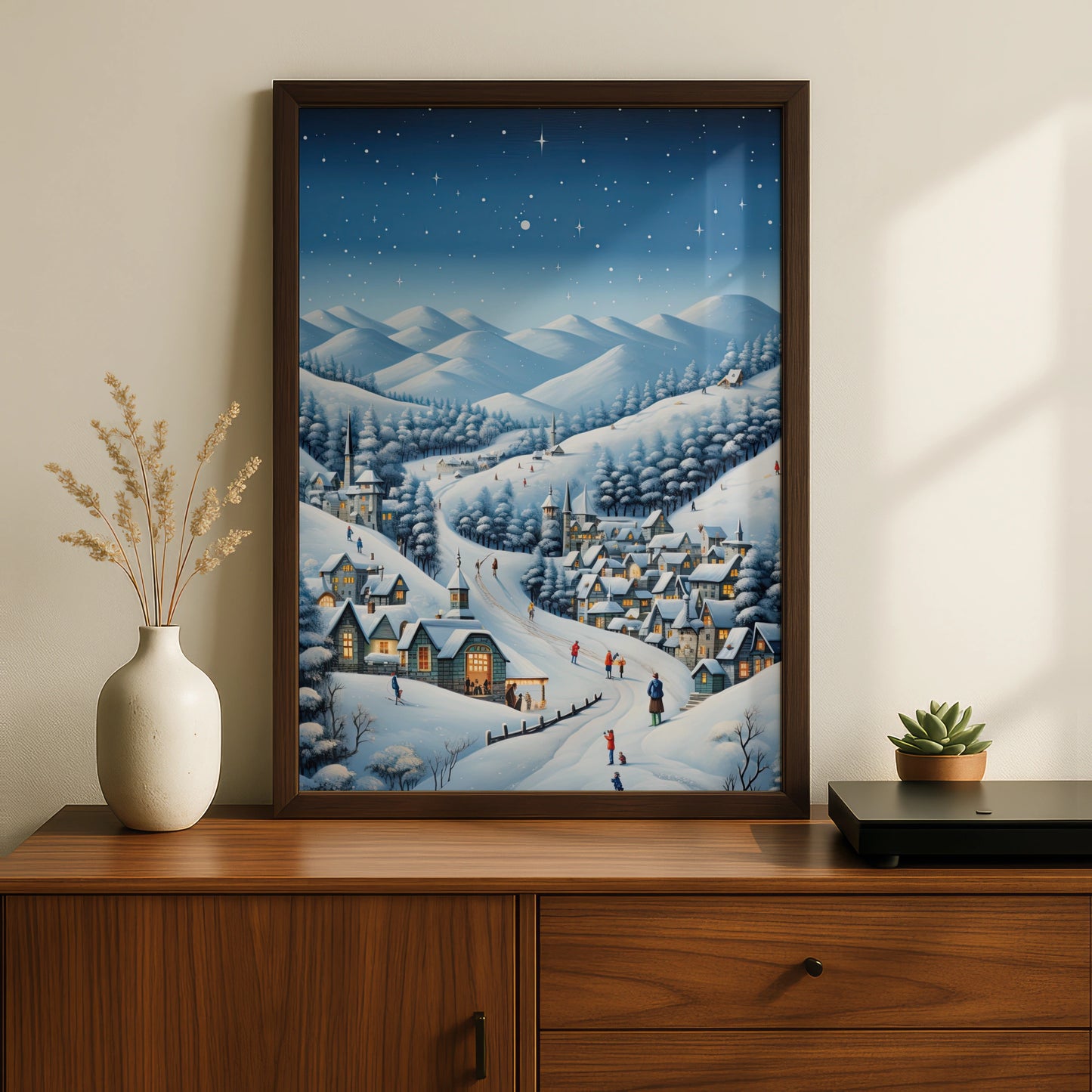 Christmas Village Winter Poster, Snowy Night Scene Wall Art, Festive Holiday Print, Xmas Decor
