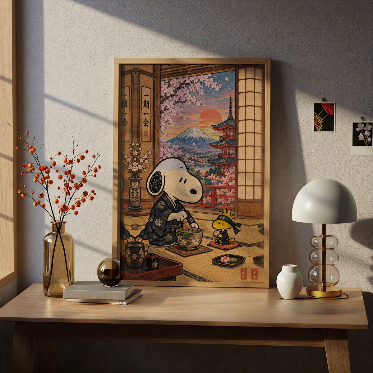 Japanese Tea Ceremony Poster, Cute Beagle Matcha Wall Art, Mount Fuji Cherry Blossom Print