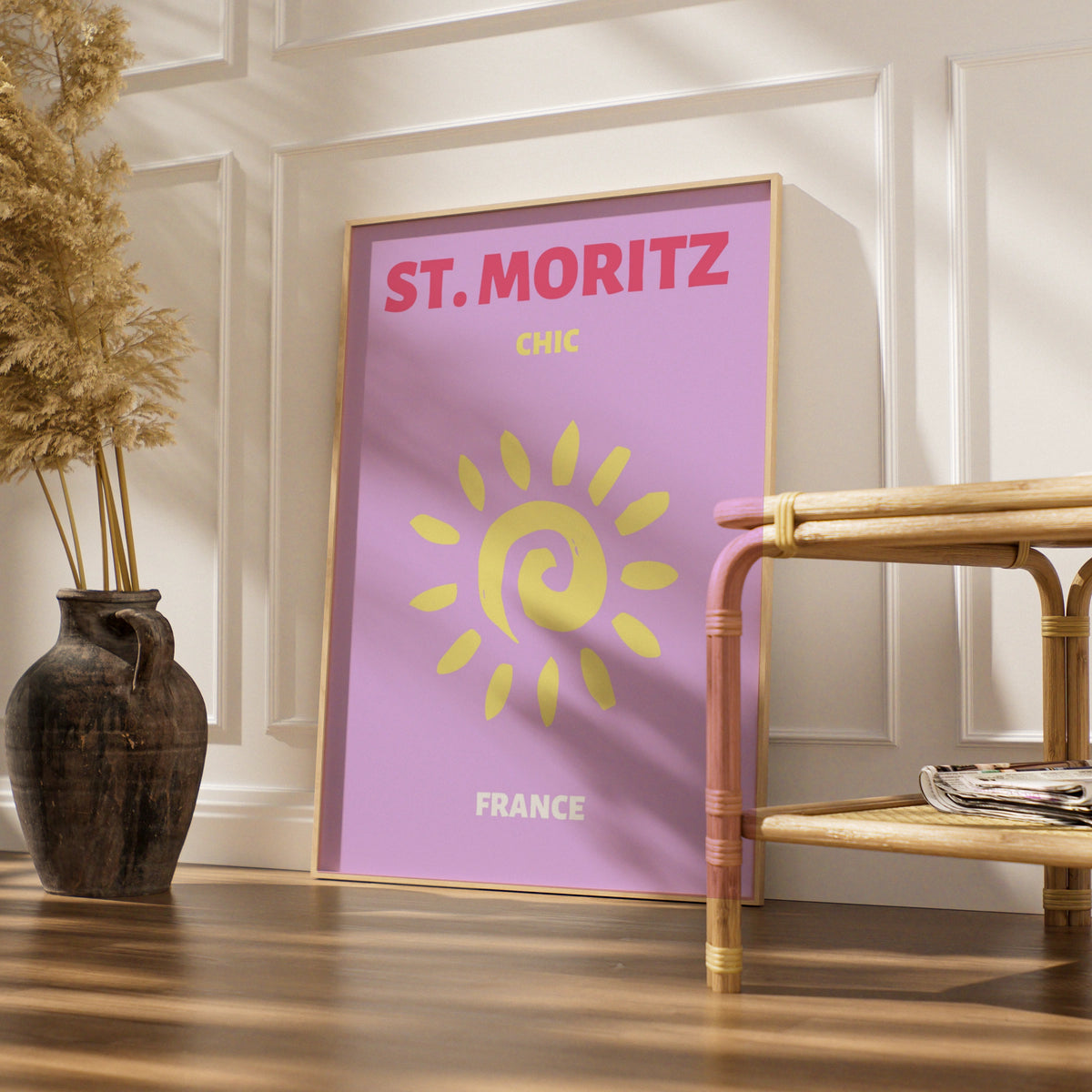 St Moritz Travel Poster, Switzerland Retro Wall Art, Chic Sun Print, Lilac Pink