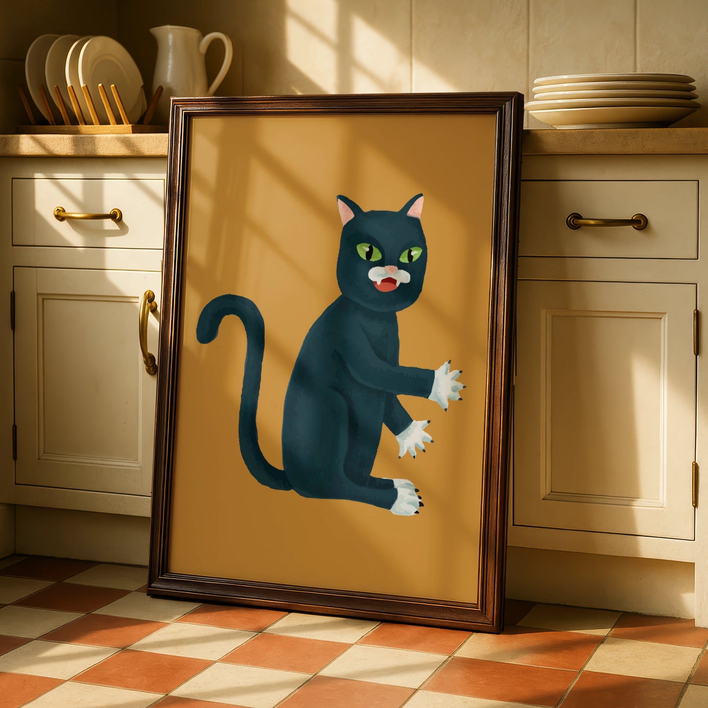 Halloween Black Cat Poster, Spooky Cat Wall Art, Witchy Cat Print, Mustard Orange Decor