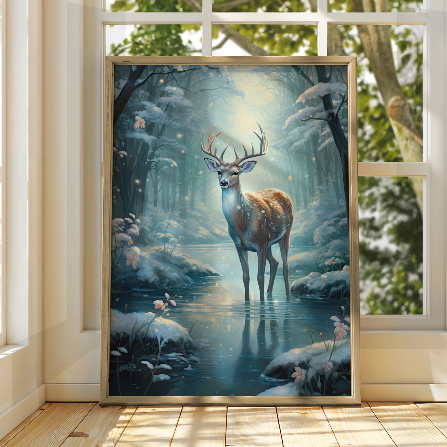 Christmas Deer Poster, Winter Forest Stag Wall Art, Magical Snow Scene, Festive Nature Print