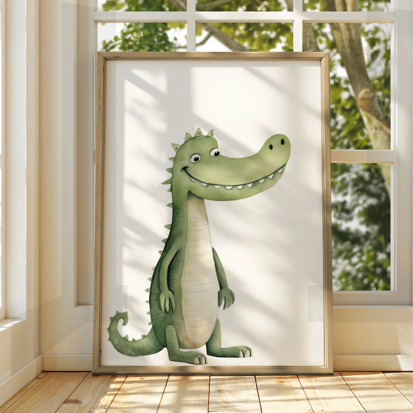 Cute Crocodile Nursery Wall Art, Watercolour Animal Print, Kids Room Poster, Green