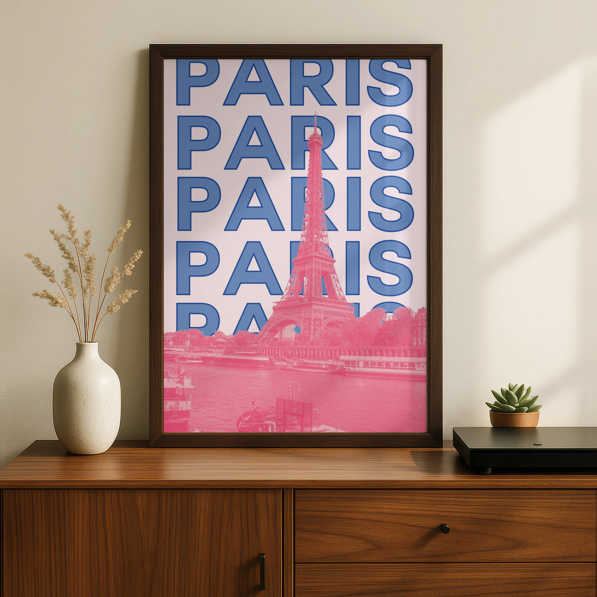 Paris Travel Poster, Eiffel Tower Wall Art, Retro France Print, Pink Blue Modern City Decor