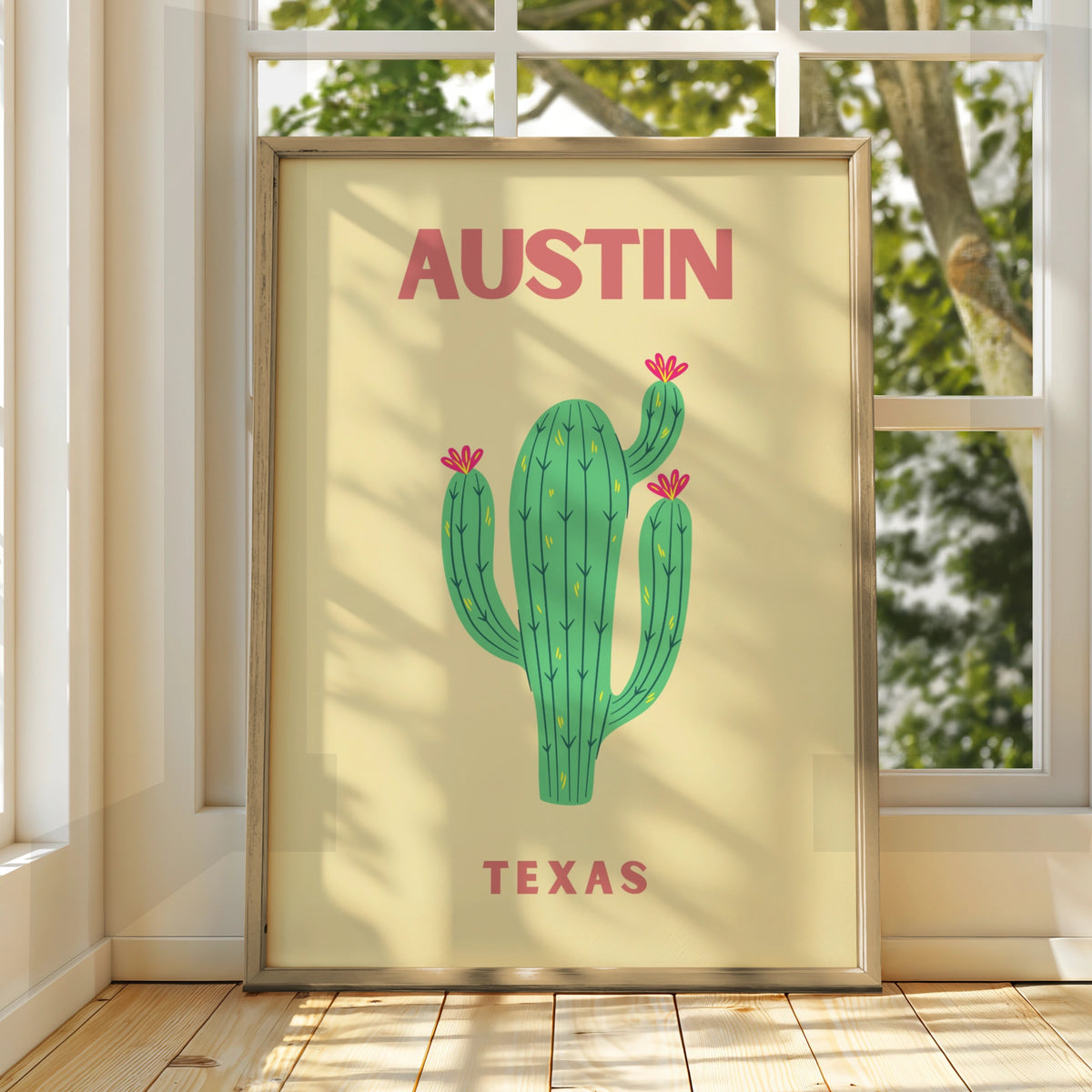 Austin Texas Travel Poster, Cactus Wall Art, Retro Texas Print, Southwestern Home Decor