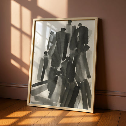 Abstract Figure Crowd Monochrome Wall Art, Black and White Ink Brush Minimalist Print