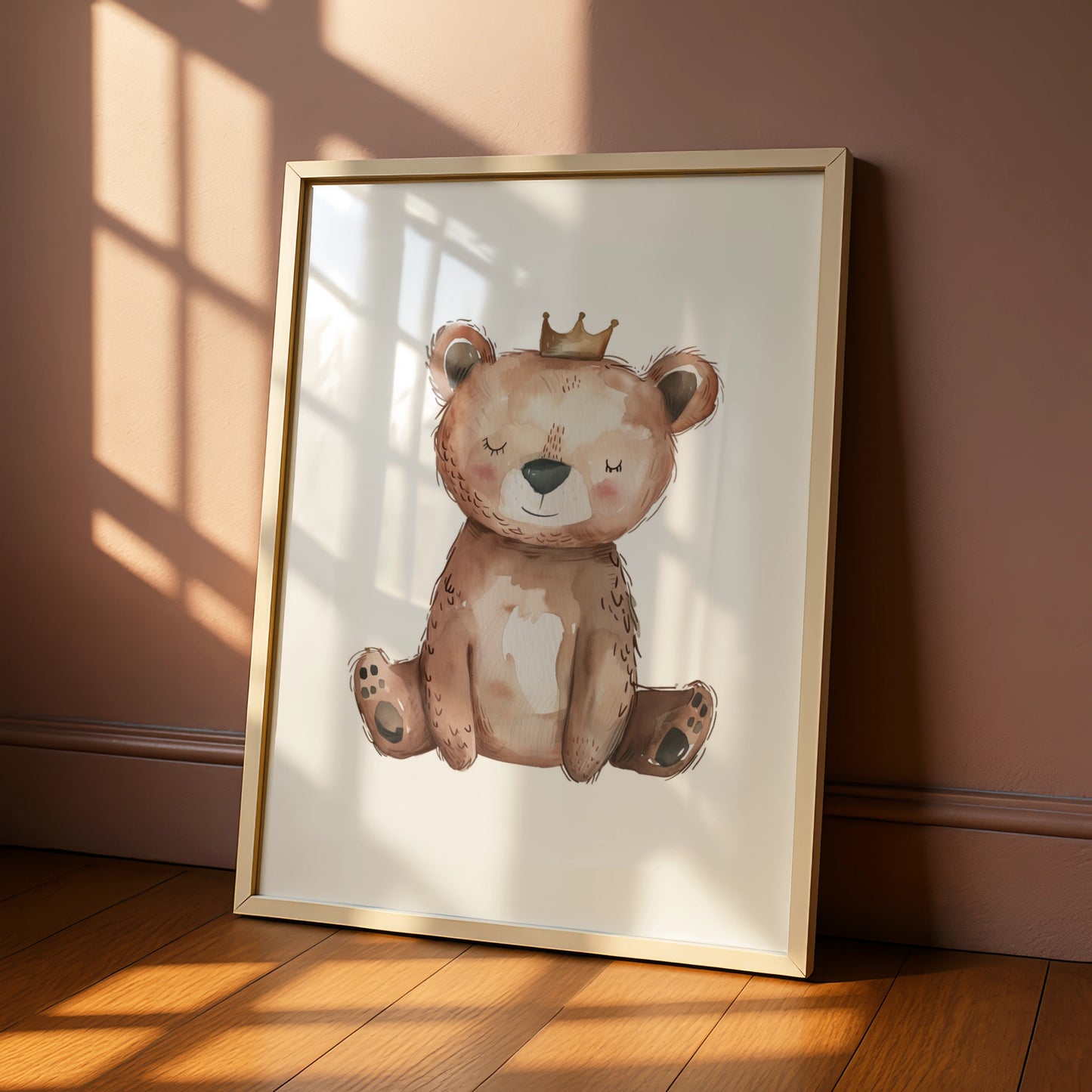 Nursery Wall Art Bear with Crown, Baby Bear Poster, Watercolour Kids Room Print