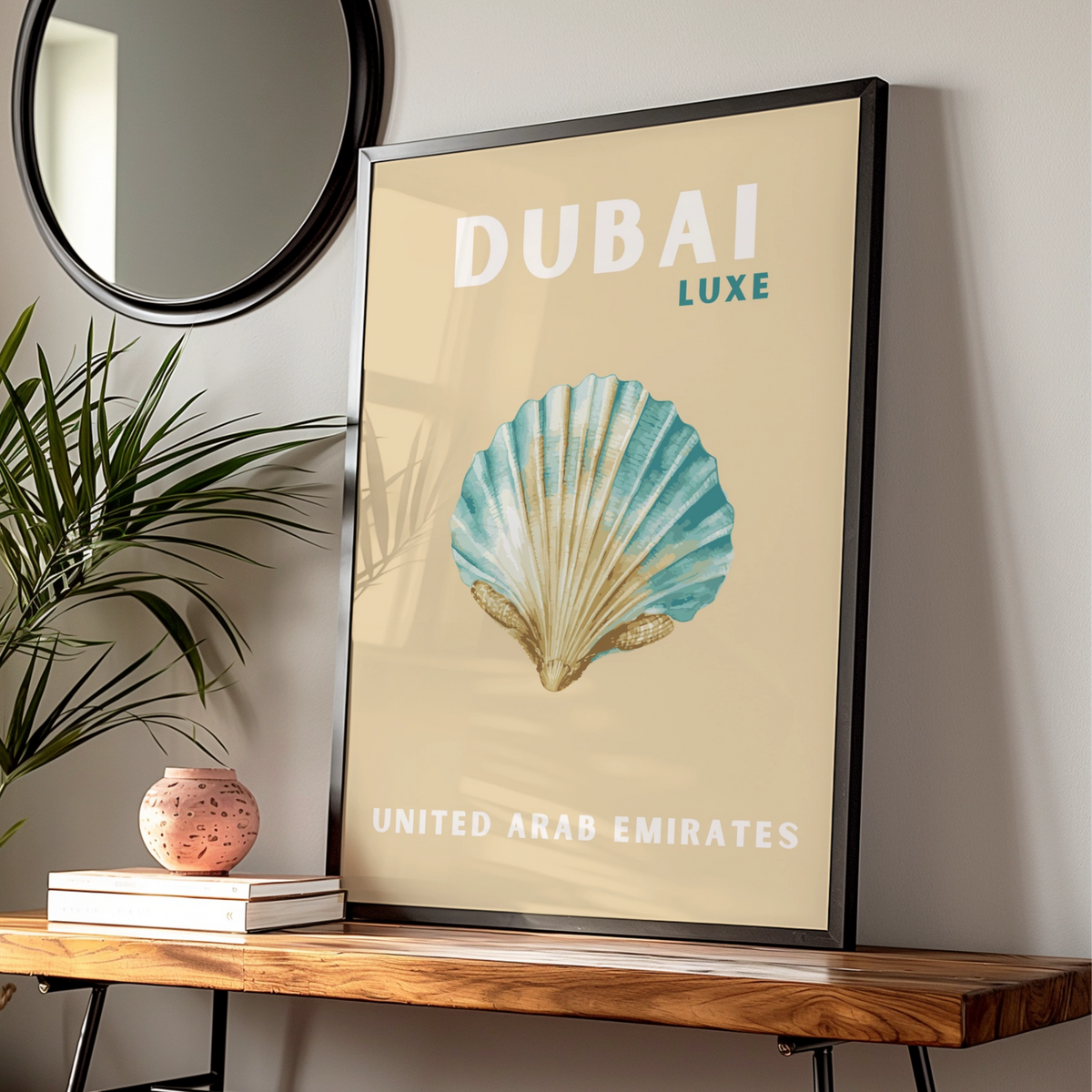 Dubai Travel Poster, UAE Wall Art, Retro Seashell Print, Coastal Teal Sand Decor