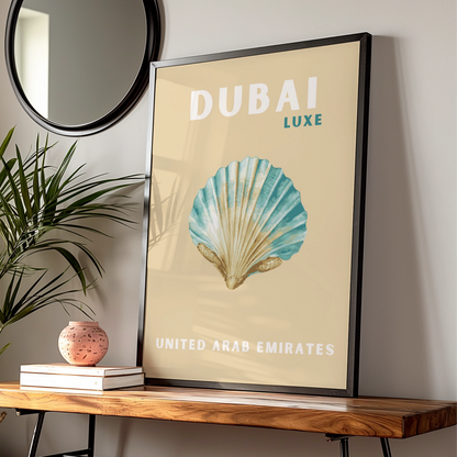 Dubai Travel Poster, UAE Wall Art, Retro Seashell Print, Coastal Teal Sand Decor