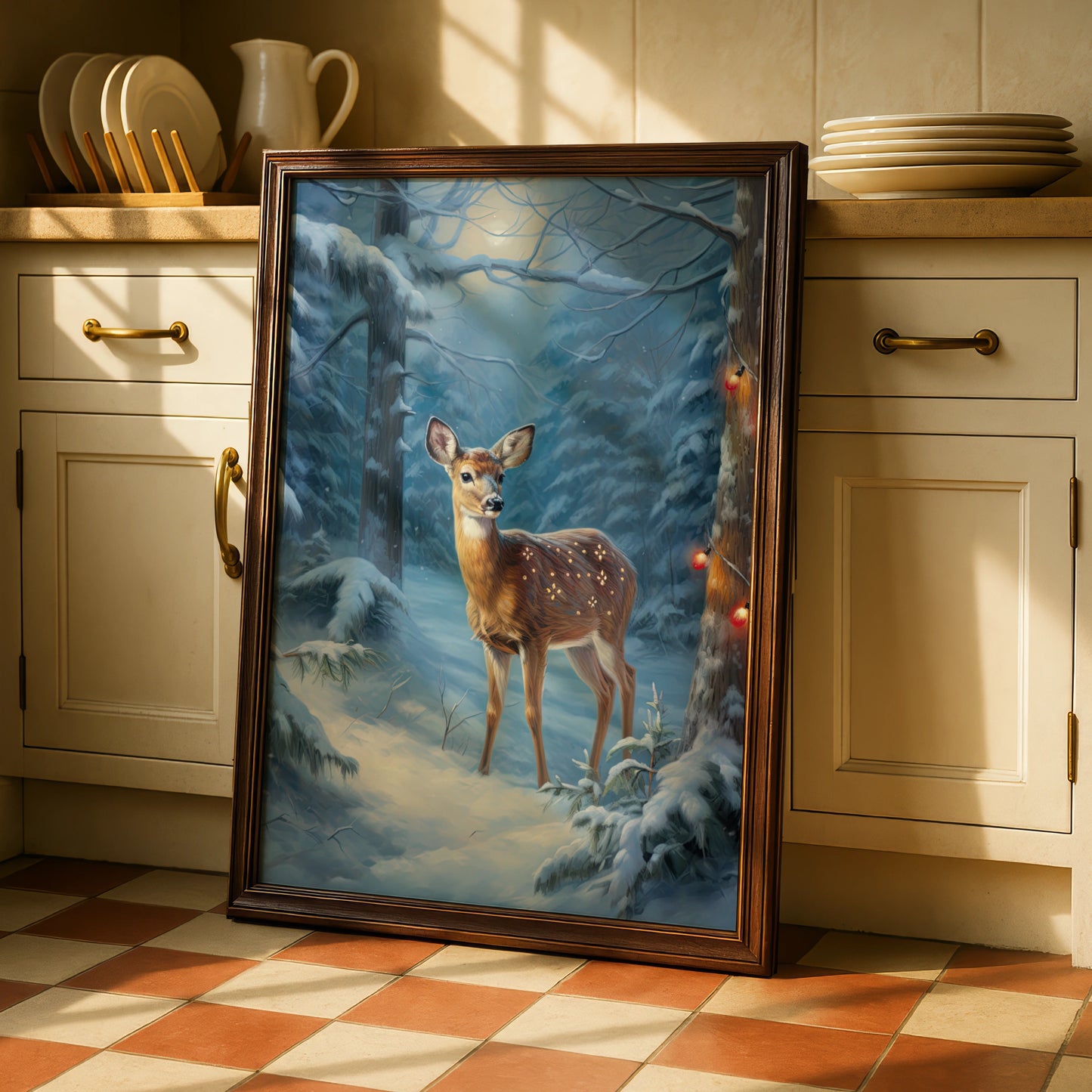 Christmas Deer Poster, Winter Forest Fawn Wall Art, Snowy Woodland Festive Print, Holiday Decor