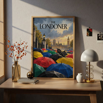 London Rainy Day Umbrellas Poster, Big Ben Westminster Wall Art, Colourful Magazine Cover Art Print