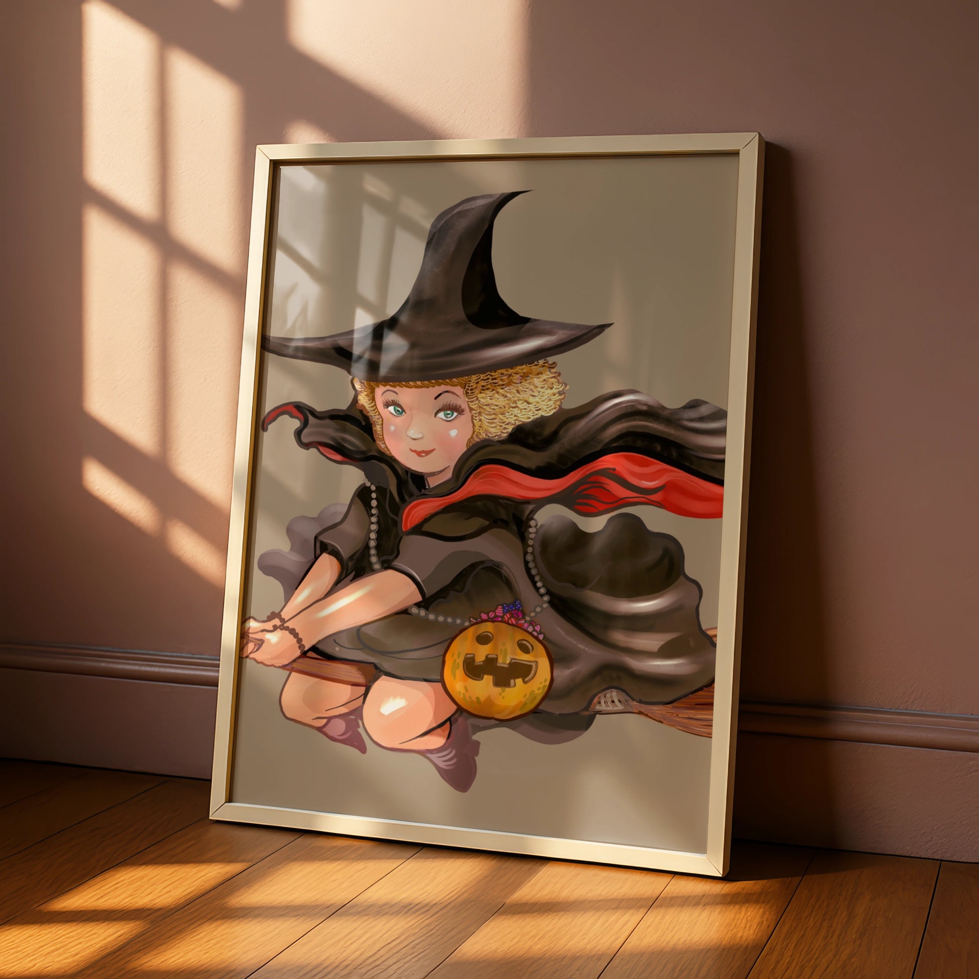 Halloween Witch Poster, Flying Witch Wall Art, Pumpkin Broom Print, Cute Witch Illustration