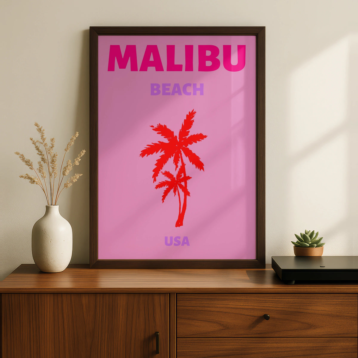 Malibu Beach Travel Poster, California Wall Art, Retro USA Palm Tree Print
