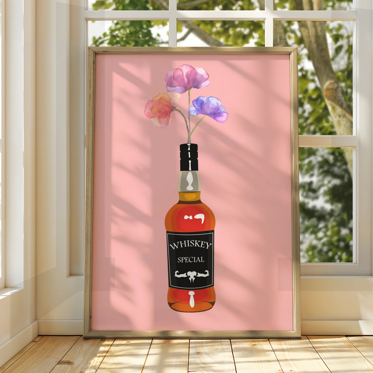 Whiskey Bottle Floral Maximalist Poster, Pink Bar Wall Art, Bold Drinks Print