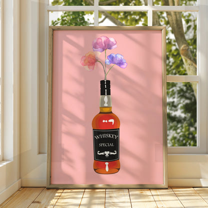 Whiskey Bottle Floral Maximalist Poster, Pink Bar Wall Art, Bold Drinks Print