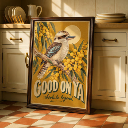 Kookaburra Good On Ya Poster, Retro Style Australian Wall Art, Wattle Bird Print