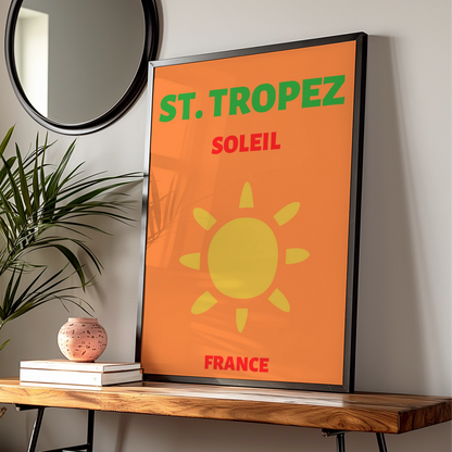 St Tropez Travel Poster, France Wall Art, Retro Sun Print, French Riviera Decor