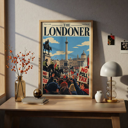 Trafalgar Square Protest Poster, Vintage London Magazine Cover Wall Art, Retro British Art Print