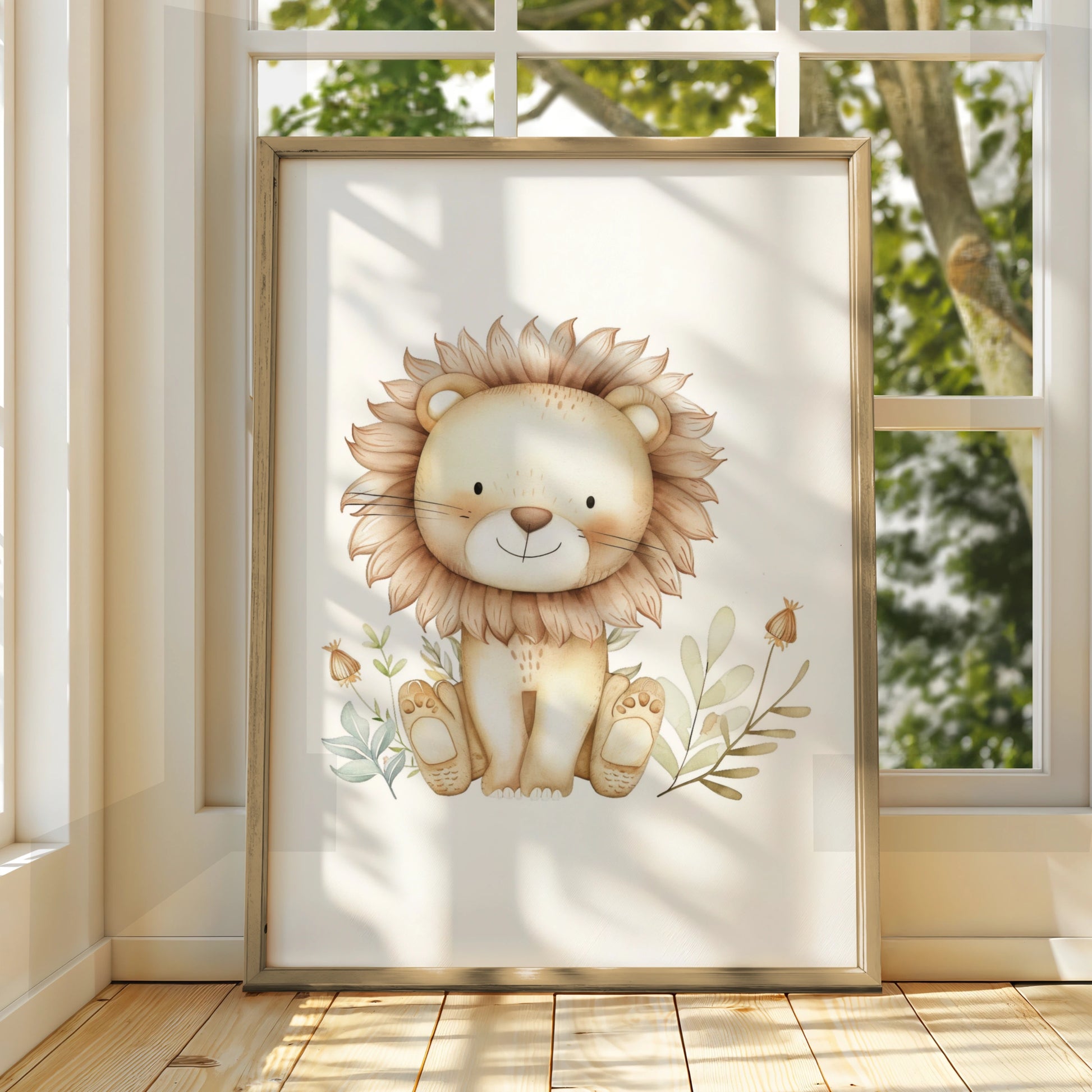 Cute Lion Nursery Wall Art, Watercolour Safari Baby Poster, Boho Animal Print for Kids Room