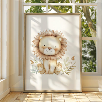 Cute Lion Nursery Wall Art, Watercolour Safari Baby Poster, Boho Animal Print for Kids Room