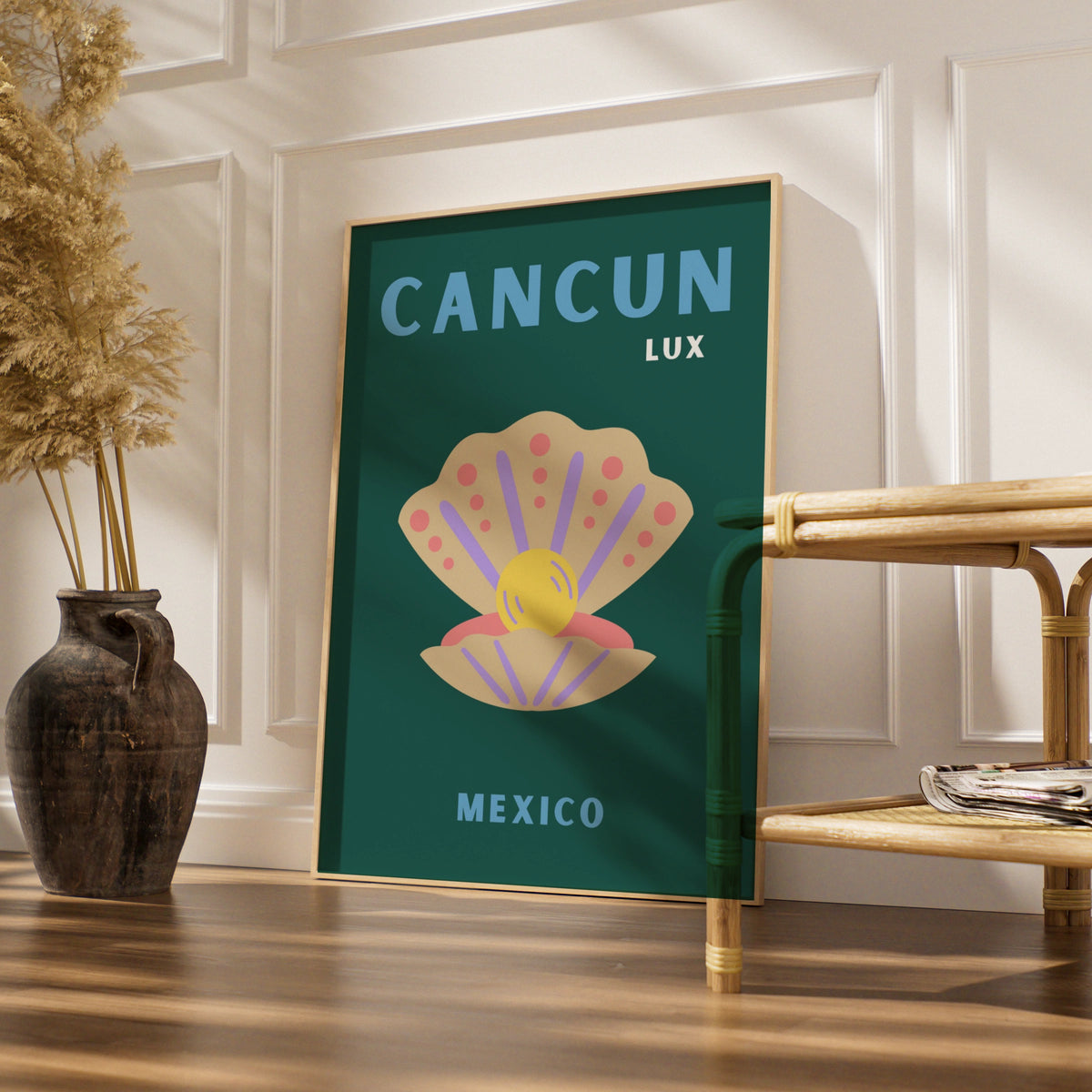 Cancun Mexico Travel Poster, Retro Seashell Wall Art, Mexican Beach Print