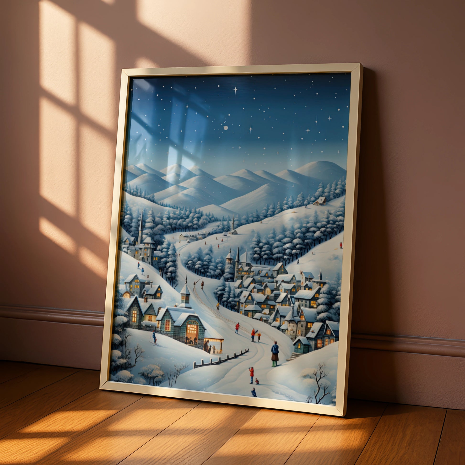 Christmas Village Winter Poster, Snowy Night Scene Wall Art, Festive Holiday Print, Xmas Decor