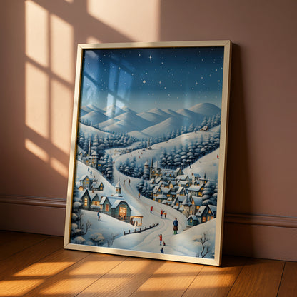 Christmas Village Winter Poster, Snowy Night Scene Wall Art, Festive Holiday Print, Xmas Decor