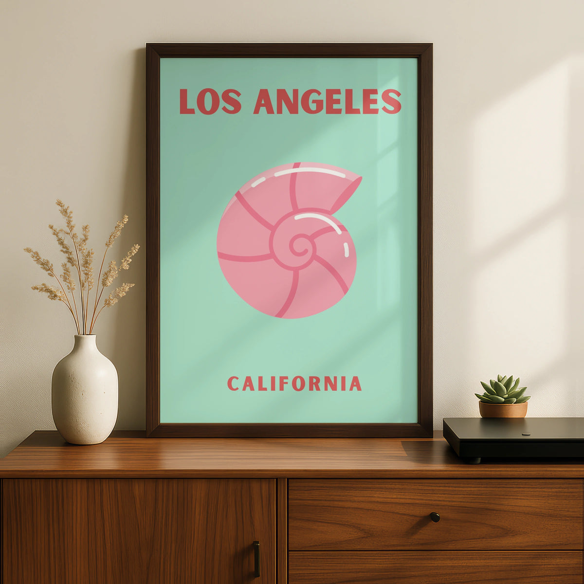Los Angeles California Travel Poster, Retro Shell Wall Art, Mint Pink Coastal Print