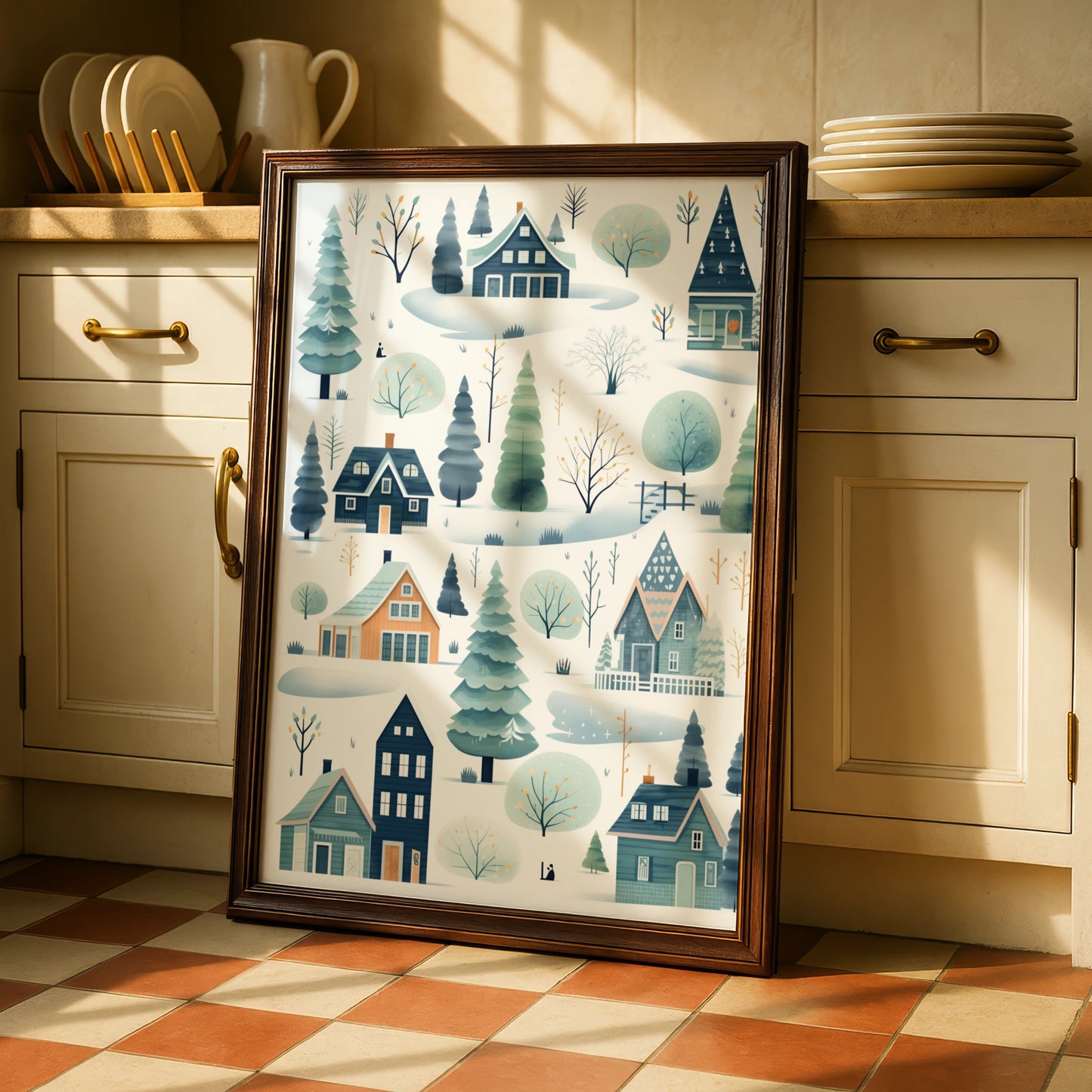 Christmas Winter Village Poster, Scandi Snow Scene, Festive Wall Art, Teal Blue Nordic Print