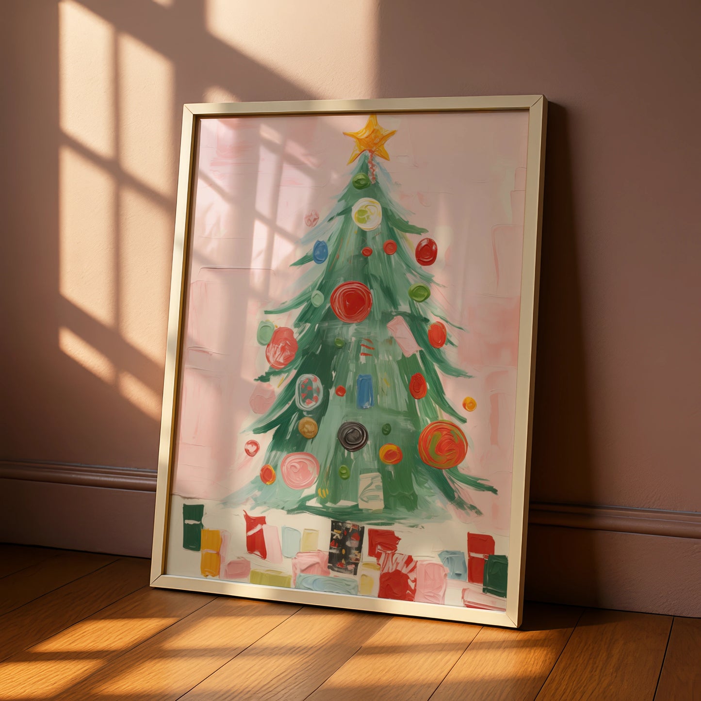 Christmas Tree Poster, Colourful Baubles Pink Wall Art, Festive Holiday Print, Xmas Gallery Decor