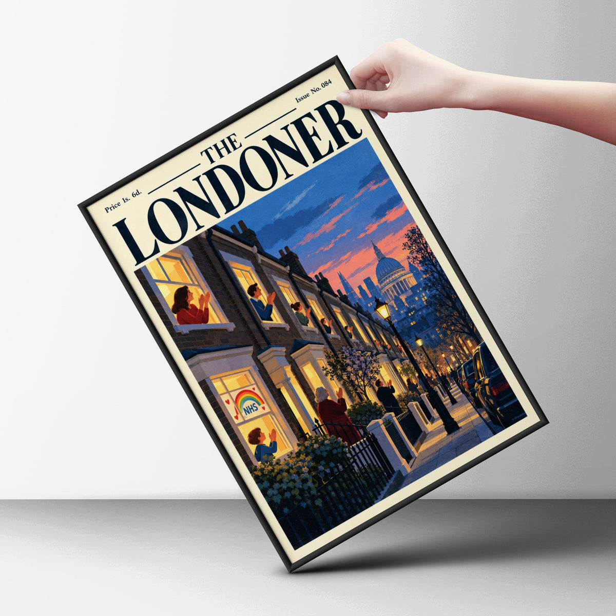 The Londoner Magazine Cover Poster, London Street at Dusk, St Pauls Dome, Retro Wall Art Print