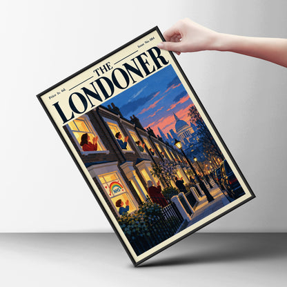 The Londoner Magazine Cover Poster, London Street at Dusk, St Pauls Dome, Retro Wall Art Print